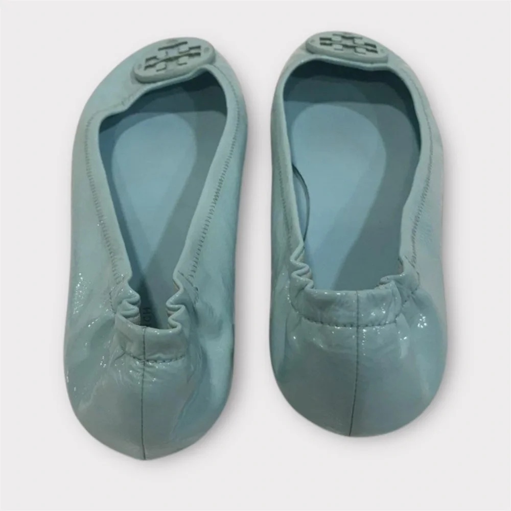 Tory Burch 11M, Minnie Travel Ballet Flats, AUDREY BLUE Crinkle Metallic Leather